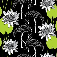 Seamless pattern with dotted flamingo in white and water lilies
