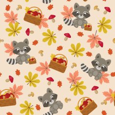 Raccoon with autumn leaves and mushrooms seamless pattern