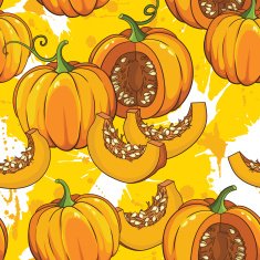 Vector botanical pattern with isolated pumpkins flowers and leaves N2
