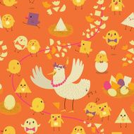 Colorful seamless pattern with the stylized hen chicken and eggs
