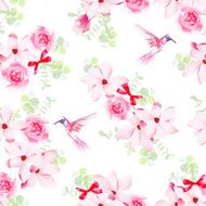 Hummingbirds and bunches with magnolias roses seamless vector pattern