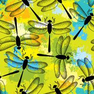 Seamless pattern with dotted dragonflies on the colorful blots background N2