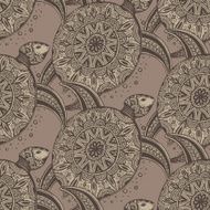 Vector seamless pattern Hand drawn brown doodle turtles in vint N2