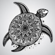 Hand drawn vector monochrome doodle turtle decorated with orient N2