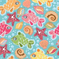 Vector seamless marine pattern with starfish bubbles shells fish N2