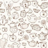 Seamless tea background with chinese and japanese teapots cups N2