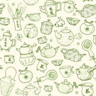 Seamless tea background with chinese and japanese teapots cups N3
