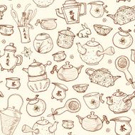 Seamless tea background with chinese and japanese teapots cups N4
