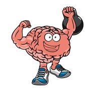 Brawny brain with muscles lifting weights