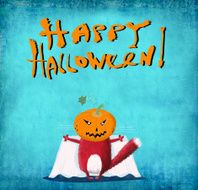Halloween Card Red Cat with Pumpkin Head