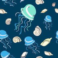 seamless pattern with shells and jellyfish