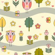 Forest seamless pattern with cartoon owl