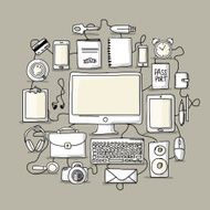 Set of digital office devices Sketch for your design N2