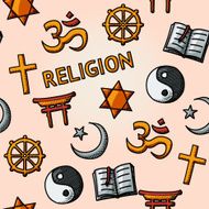 World religion hand drawn seamless pattern - christian Jewish Islam N2