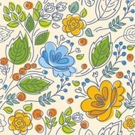 Seamless pattern contour yellow blue flowers green leaves light background