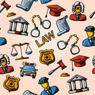 Seamless law handdrawn pattern with- scales hammer court house judge