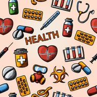 Seamless health handdrawn pattern with - stethoscope heart thermometer pills