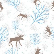 Forest deer and tree branch seamless pattern Vector background