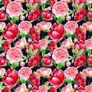 Seamless pattern with red pink peonies leaves