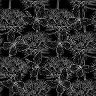 Beautiful monochrome black and white seamless background with flowers butterflies