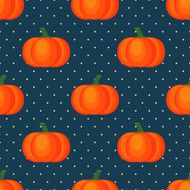 Seamless vector pattern with pumpkins on polka dots blue background