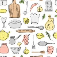 Hand drawn kitchen elements seamless pttern