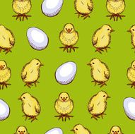 Seamless pattern with chickens on a green background