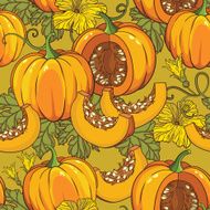 Vector botanical pattern with isolated pumpkins flowers and leaves N3