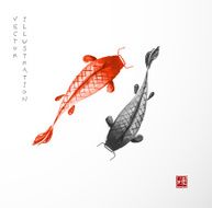 Koi carps hand drawn in Japanese style sumi-e