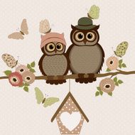 Cute owls on a branch with roses N2