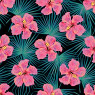 Seamless tropical fashion pattern with green palm leaves and flowers