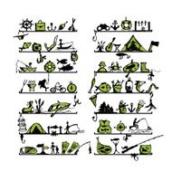 Shelves with fishing icons sketch for your design N3