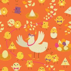 Colorful seamless pattern with the stylized hen chicken and eggs