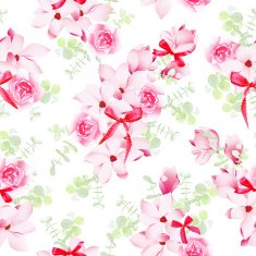 Magnolia and rose blossom with red bows seamless vector pattern