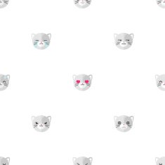 Vector flat cartoon cat heads with different emotions seamless pattern N2