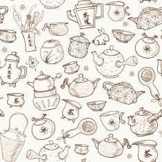 Seamless tea background with chinese and japanese teapots cups N2