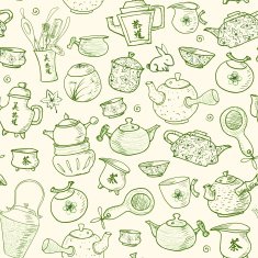 Seamless tea background with chinese and japanese teapots cups N3