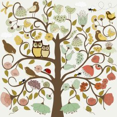 Stylized tree with flowers and birds