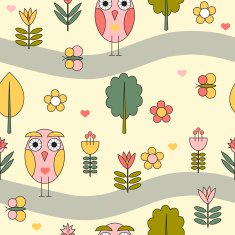 Forest seamless pattern with cartoon owl