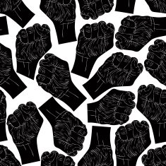 Clenched fists seamless pattern black and white vector backdrop