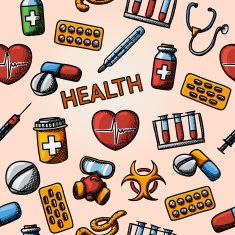 Seamless health handdrawn pattern with - stethoscope heart thermometer pills