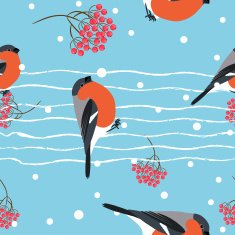 Bullfinch and berberry branch seamless pattern Vector background