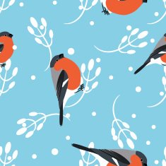 Bullfinch and berberry branch seamless pattern Vector background N2