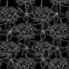 Beautiful monochrome black and white seamless background with flowers butterflies
