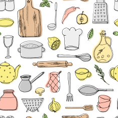 Hand drawn kitchen elements seamless pttern