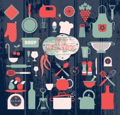 Kitchen abstact icons set on wooden texture