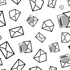 Different envelope black icons on white background seamless pattern