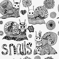 Seamless pattern with hand-drawn snails and flowers