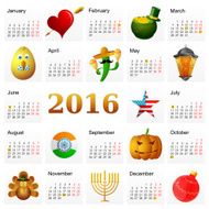 Year 2016 calendar with Holiday symbols N2