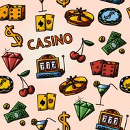 Seamless casino handdrawn pattern with - dice poker cards chip